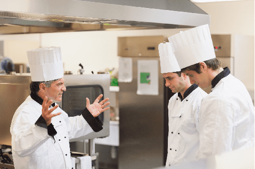 An angry head chef scolds his kitchen team because they weren't able to properly prepare various food orders, causing food delivery service inefficiency since the plates have to be prepared again; as your food industry business enjoys customer service outsourcing advantages, you won't have to worry about this type of pain point hindering your business success.