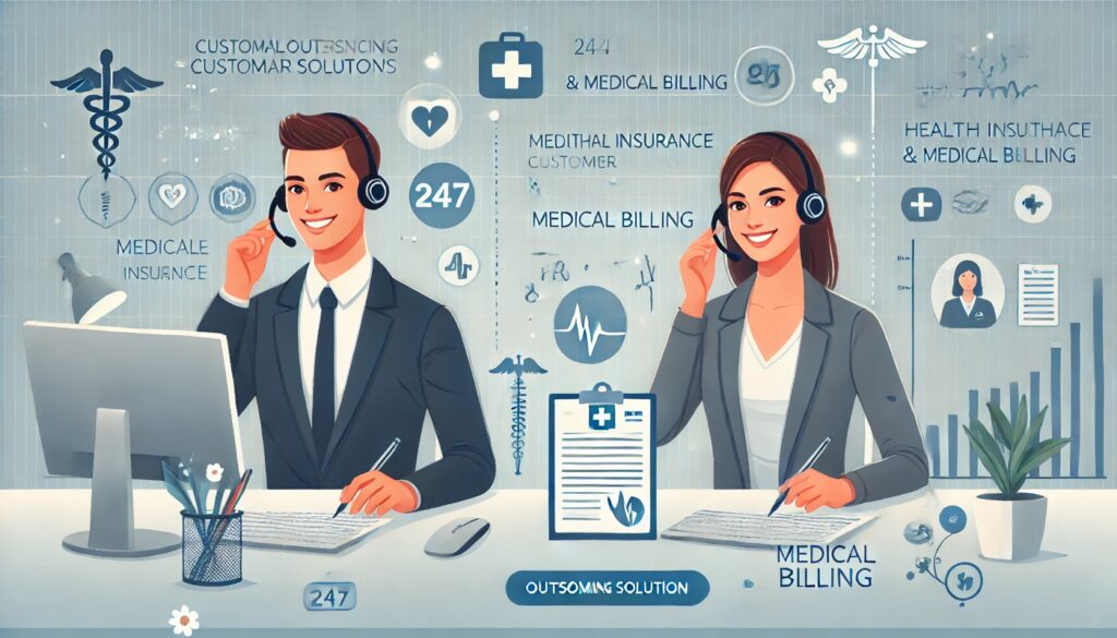 This vector demonstrates the factors that make up outsourcing solutions — building customer acquisition and customer retention; you’ll find 2 customer service representatives smiling for the camera as they take calls from medical patients calling in about their health insurance and how to make payments for their recent medical procedures.