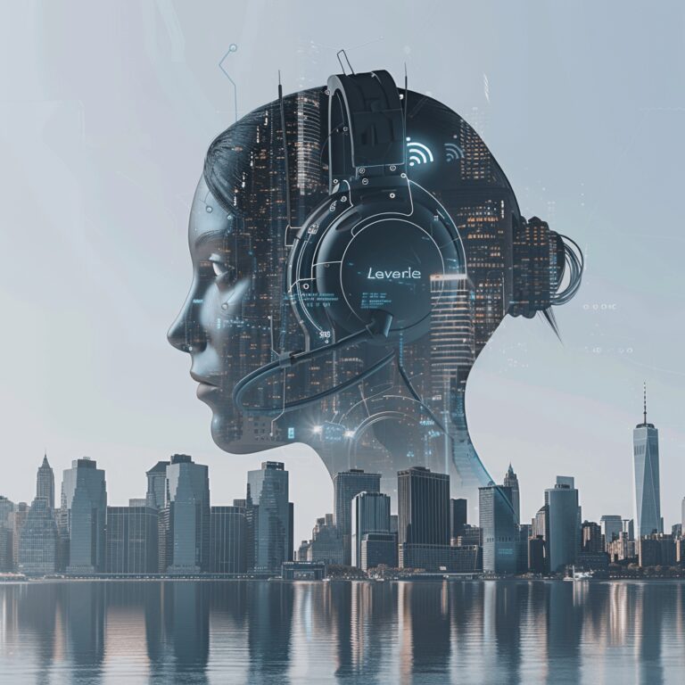 A futuristic chatbot in the style of a robot, specifically-tailored for AI customer service utilized by an innovative multilingual call center; the chatbot is stationed over a cityscape, signifying that call center AI is already enhancing global customer engagement.