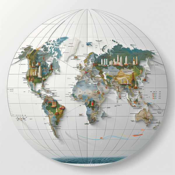 A photorealistic projection of the world with lines connecting the continents and icons representing financial centers overlaid on the projection of the world; this image represents the worldwide availability of English-speaking CSRs and the results they bring to Fintech solutions, leading to global expansion and enhanced customer experience.