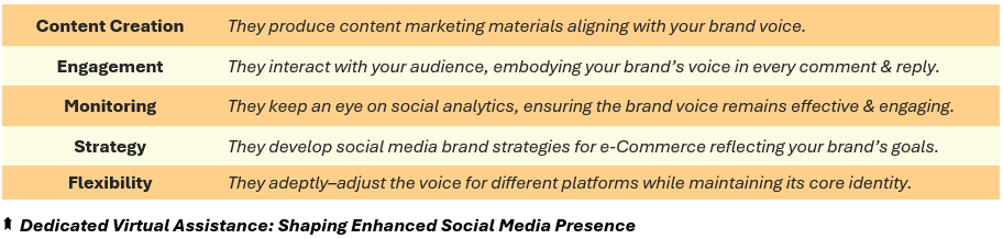 Dedicated Virtual Assistance: Shaping Enhanced Social Media Presence - (1) Content Creation: They produce content marketing materials aligning with your brand voice, (2) Engagement: They interact with your audience, embodying your brand’s voice in every comment & reply, (3) Monitoring: They keep an eye on social analytics, ensuring the brand voice remains effective & engaging, (4) Strategy: They develop social media brand strategies for e-Commerce reflecting your brand’s goals, and (5) Flexibility: They adeptly–adjust the voice for different platforms while maintaining its core identity.
