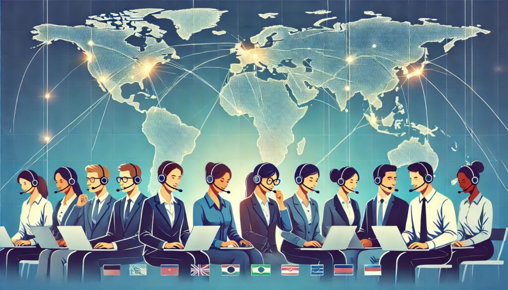 A global team of multilingual customer support agents working collaboratively, emphasizing the importance of effective multilingual support to reduce Amazon return rates and enhance customer satisfaction.
