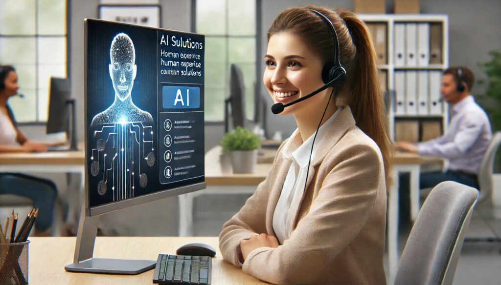 A friendly female customer service agent wearing a headset, supported by AI and Human Expertise in Call Centres: Transforming BPO Services for SMEs. The computer screen displays AI-generated solutions, highlighting the combination of technology and human skills in resolving complex issues.