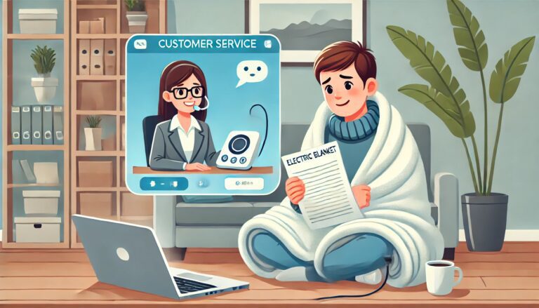 An illustration of a customer wrapped in an electric blanket receiving multilingual customer support through a video call, highlighting the role of responsive and localized service in e-commerce success.