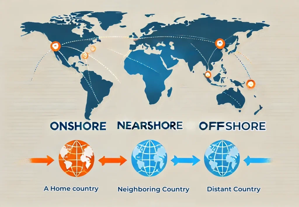 Offshore Outsourcing Definition world map illustrating nearshore and offshore outsourcing destinations.