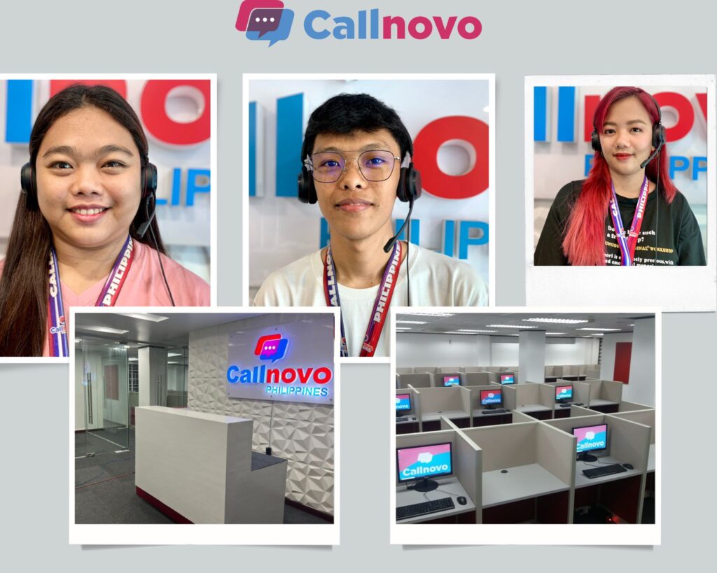  Callnovo call center agents in the Philippines wearing headsets and providing customer service. The office workspace is visible in the background.