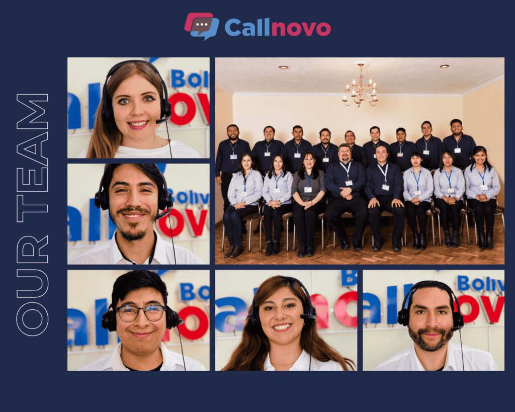 Professional Callnovo Bolivia call center outsourcing agents wearing headsets, smiling, and providing multilingual customer support from a modern contact center.