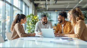 A diverse team discussing offshore outsourcing strategies in a modern office setting.