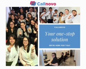 A group photo of Callnovo Bolivia customer service team members smiling and making heart gestures, demonstrating their positive team spirit and commitment to excellence.