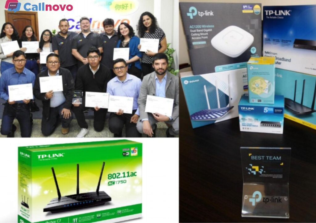 Callnovo Bolivia call center outsourcing team celebrating their TP-Link ‘Best Outsourcing Team’ award, holding certificates and showcasing TP-Link networking products.
